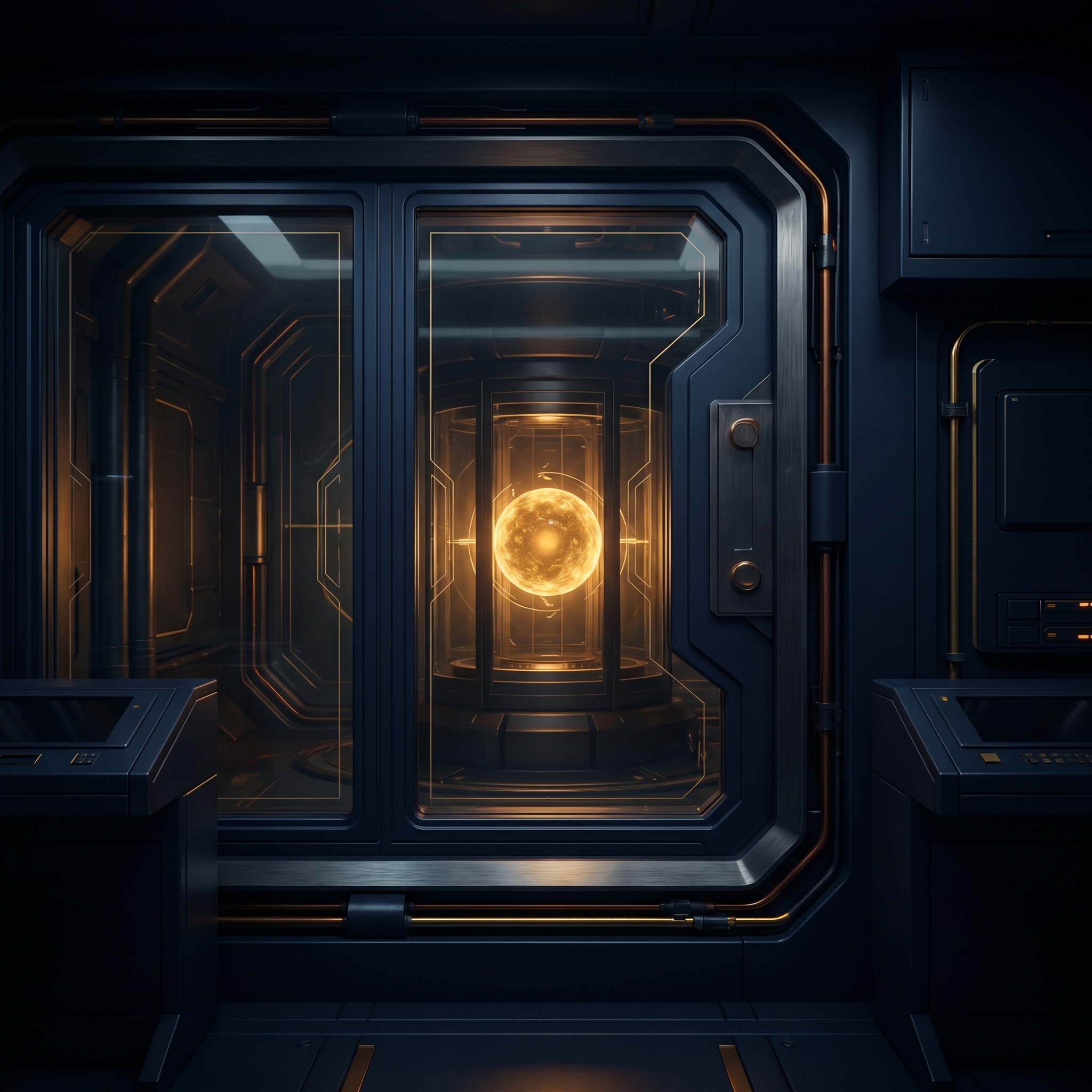 Sealed AI vault with amber core
